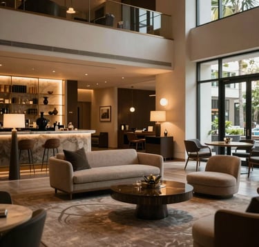 A luxury boutique hotel lobby in West Hollywood with modern mid-century furniture, warm accent lighting, and a sophisticated atmosphere, North American / West Hollywood.