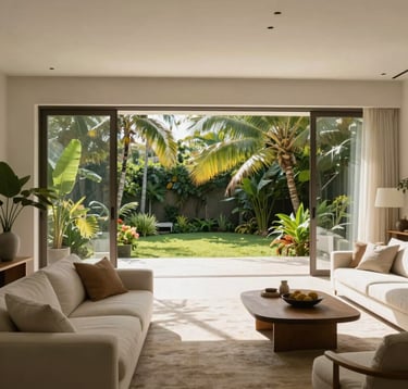A sophisticated Brazilian living room with wide-span sliding glass doors that completely disappear into the walls. The view shows a lush tropical garden. The interior features minimalist furniture in Off-white and Sand tones, bathed in natural morning light.