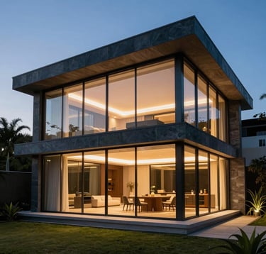 Evening architectural photography of a luxury villa in Brazil. The expansive glass facades with dark slate blue frames glow from within, showing a warm, curated interior. The composition is dynamic and emphasizes geometric precision.