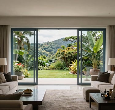 A wide shot of a contemporary living room in a South American / Brazilian home, where massive floor-to-ceiling glass doors open to a lush garden. The blue-gray frames are slim and elegant, framing the landscape like a piece of art. High-end modern furniture completes the luxury scene.