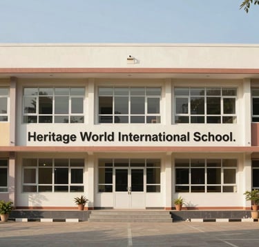 A professional architectural photo of a contemporary South Asian / Indian school campus with large windows and a clean, safe environment, representing Heritage World International School.