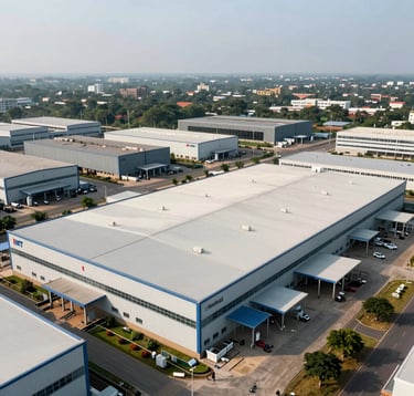 A sleek, modern aerial view of the IMT Kharkhoda industrial area featuring clean-lined manufacturing plants, South Asian / Indian environment, under a bright, professional daylight sky.