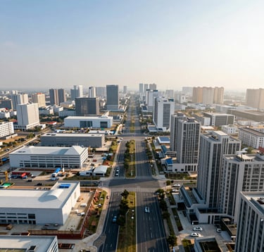 A professional wide-angle landscape photograph of a developing modern industrial and residential corridor in South Asian / Indian region, showcasing infrastructure progress and clean urban planning under a bright morning sun.