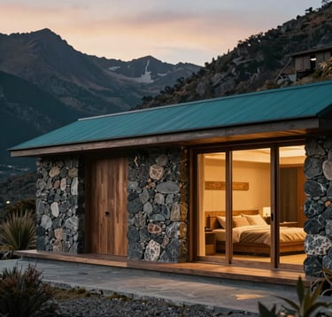A close-up of a high-end adventure basecamp in a remote mountain region of South America. Minimalist, sophisticated architectural details using local stone and wood. Latin American / Iberian luxury design. Soft sunset lighting. Colors: Deep teal and gold.