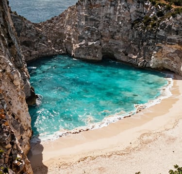 Aerial photography of a pristine, hidden cove with white sand and clear turquoise water in a Latin American coastal region. Rugged cliffs frame the beach. Noon sun, vibrant teal water and gold sunlight.