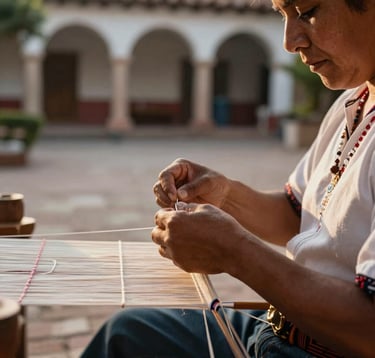 Close-up photography of a private cultural experience in a Latin American courtyard. A local artisan is demonstrating traditional weaving with fine silk threads. The lighting is soft golden hour, highlighting the texture of the materials and the elegant, sophisticated setting.