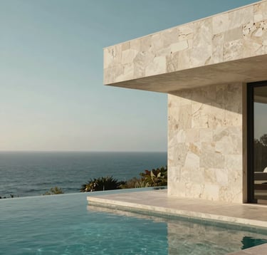 A minimalist architectural detail of a luxury stone villa in a Latin American coastal region. The frame includes a glimpse of an infinity pool reflecting the soft morning light. Palette of muted teal and off-white.
