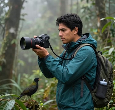 A Latin American / Iberian traveler observing a rare species of bird in a misty cloud forest environment. High-end camera equipment, sophisticated outdoor attire. Soft, natural lighting. Professional wildlife photography style. Colors: Deep green and dark teal.