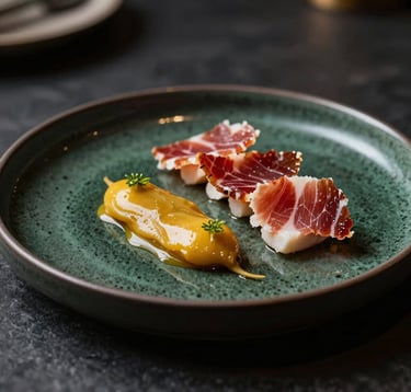 Exquisite gourmet dish featuring local Iberian ingredients, artistically presented on a dark ceramic plate. The setting is a dimly lit, high-end restaurant with a focus on sophisticated textures and deep colors like gold and dark green.