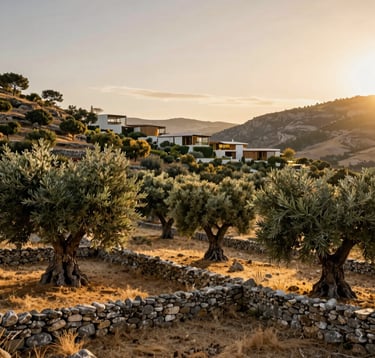 A serene landscape photography showing a hidden valley in the Iberian peninsula. Ancient olive trees, dry stone walls, and a contemporary luxury retreat in the background. Sunset lighting casting golden hues. Colors: Gold and soft green.