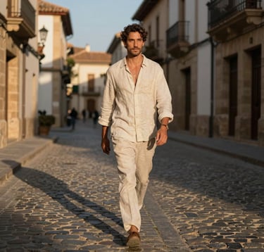 A sophisticated person walking through a historic cobblestone street in an ancient Iberian town, dressed in light linen. Evening lighting with long shadows and a golden glow.