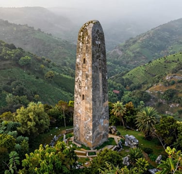 A stunning view of an ancient stone monument hidden deep in a lush Iberian valley. The architecture is majestic and well-preserved, surrounded by vibrant green vegetation under a soft morning mist. The composition is evocative and mysterious, focusing on a sense of discovery.