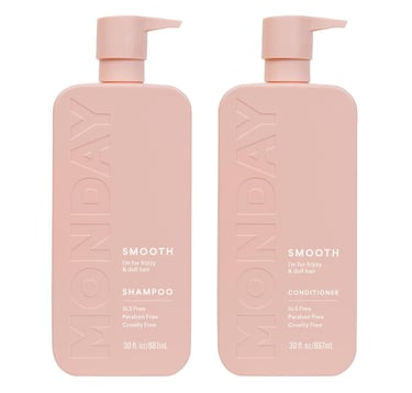 Monday Haircare Smooth Shampoo and Conditioner set in pink bottles for frizzy and dull hair.