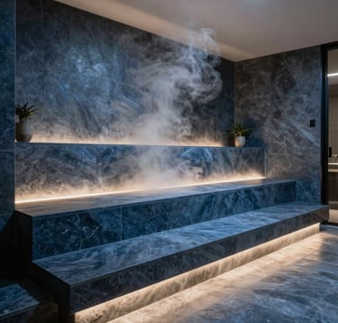 A wide interior shot of a bespoke private steam room with tiered seating made of dark steel blue stone. Soft ambient lighting glows from beneath the benches, illuminating the vapor-filled air. The architecture is sharp and modern, representing high-end North American interior design for wellness.
