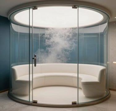 An interior photograph of a high-end commercial spa in the US. A modern glass-enclosed steam room with integrated architectural seating. Muted blue and off white color palette. Soft light filtering through the thick white mist.