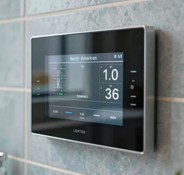 A close-up shot of a sophisticated glass touch-screen control panel mounted on a light blue-grey tiled wall. The display shows temperature settings in a clean, luxury font. Reflection of a high-end North American bathroom can be seen in the polished glass surface.