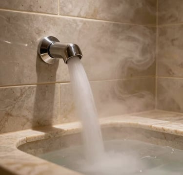 Close-up professional photography of thick, warm steam filling a contemporary marble-tiled steam room. A polished chrome steam nozzle is visible on the wall. The lighting is soft and atmospheric, highlighting the premium textures of the stone and the serene environment of a luxury North American spa.