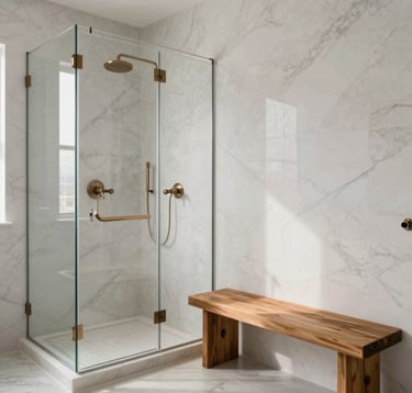 A bright and airy photograph of a contemporary North American master bathroom featuring a custom steam shower with light marble walls, a teak bench, and integrated soft bronze fixtures, exuding a sense of refined home wellness.