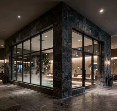 A professional architectural photograph of a large commercial wellness center's steam area. High ceilings, dark navy stone finishes, and floor-to-ceiling glass partitions. The lighting is low and moody, creating a sophisticated atmosphere of professional luxury in a North American setting.