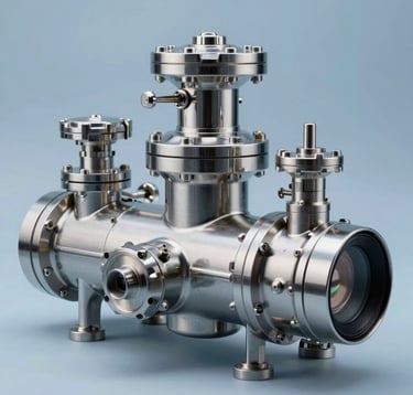 Macro photography of a sleek stainless steel steam generator unit. Polished metal surface reflecting soft steel blue light. Focus on precision-machined valves and sophisticated industrial design. Professional studio lighting on a neutral light blue background.