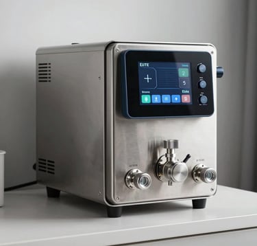 A detailed product photograph of a sleek, stainless steel Elite Steam generator unit mounted in a clean, modern utility space. The device has a sophisticated industrial aesthetic with digital display elements and precision-engineered valves. Lighting is bright and professional with steel blue highlights.