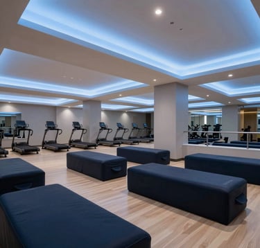 A wide-angle interior photograph of a clean, modern commercial wellness suite in a prestigious North American athletic club. The design features geometric architectural lines, dark navy seating, and sophisticated soft blue lighting that creates an atmosphere of high-end professionalism and modern elegance.