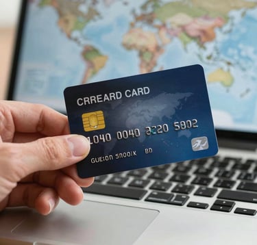 Close-up photography of a hand holding a high-end credit card over a laptop keyboard with a world map blurred in the background, conveying the ease of online travel booking in a professional environment.