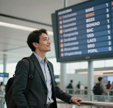 Candid photograph of a traveler in professional attire at a modern Brazilian airport terminal, smiling while looking at a departures board, with soft focus light gray architecture in the background.