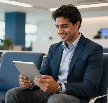 A professional South American man in business casual attire sitting in a modern, bright airport lounge in Brazil. He is looking at a tablet with a confident smile. Soft lighting, clean composition with deep blue and off-white accents in the background decor.