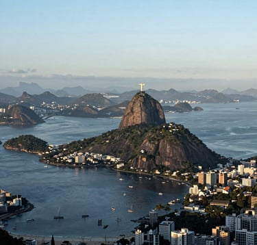 A breathtaking high-angle landscape shot of the Rio de Janeiro coastline at dawn. The Christ the Redeemer statue is visible in the distance under a soft light blue sky. The composition is clean and modern, emphasizing a sense of confidence and travel aspiration.
