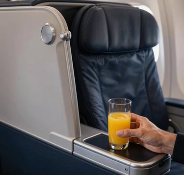 Detail shot of a modern, luxury business class airplane seat. Professional photography focusing on the elegant textures and high-tech features. Soft lighting, South American traveler's hand holding a glass of juice. Dark navy and light grey tones.
