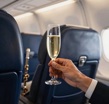 Close-up of a premium airplane cabin interior with a South American / Brazilian hand holding a flute of champagne. The lighting is soft and warm, reflecting off navy blue leather surfaces. The style is clean, modern, and high-end photography.