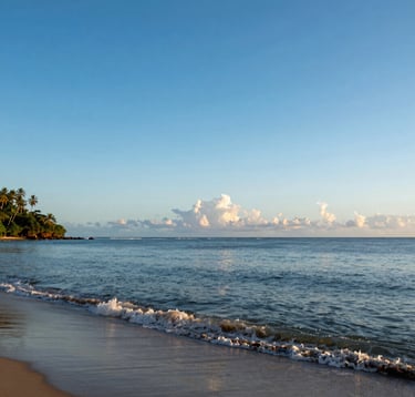 Photography of a South American / Brazilian tropical beach at sunset. A calm ocean with gentle waves, golden hour lighting, and a feeling of peace. High-end, professional travel photography style with vibrant navy blue and soft light blue hues.