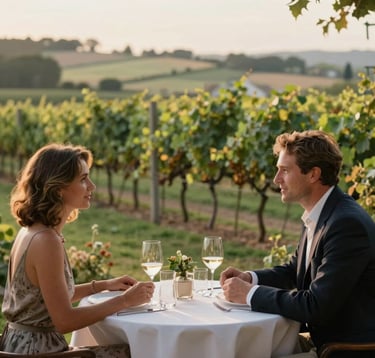 Elegant travelers engaging in a meaningful conversation at a boutique vineyard dining table, surrounded by lush scenery and soft, warm lighting. Premium, sophisticated atmosphere, North American / International.