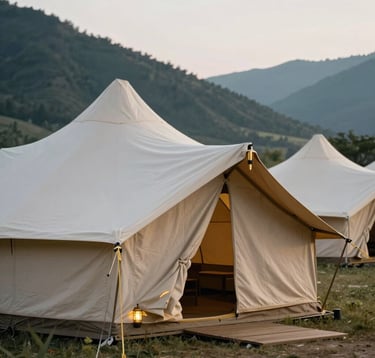 Cinematic photography of a luxury tented camp in a serene valley, featuring soft linen fabrics and muted gold accents. The lighting is elegant and soft, capturing a sense of peace. North American / International.