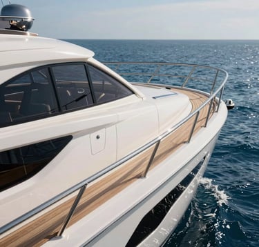 A close-up of a sleek, modern yacht cutting through deep blue water, showing the polished teak deck and chrome details, with a soft-focus horizon. Sophisticated and globally aware photography style, North American / International.