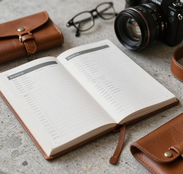 Detailed shot of a sophisticated travel itinerary and high-end leather accessories on a light grey stone surface. Soft daylight, premium and globally aware style. North American / International.