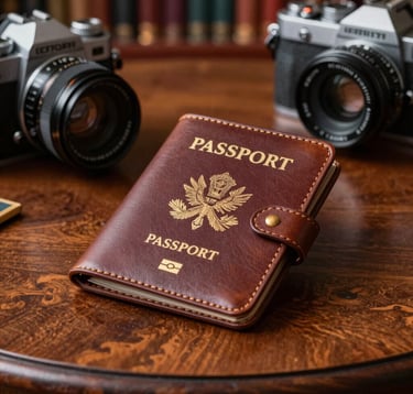 A close-up photograph of a bespoke leather passport holder and high-end camera resting on a mahogany table in a well-appointed luxury library. The lighting is warm and inspiring, suggesting global exploration and North American international standards.