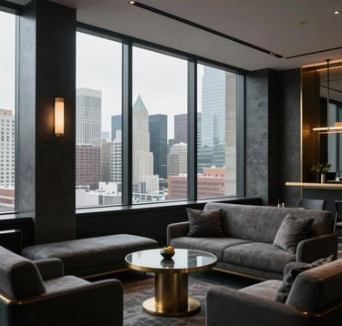 The interior of a high-end, contemporary boutique hotel lounge with floor-to-ceiling windows, minimalist charcoal and gold decor, and a view of a cosmopolitan skyline. North American / International.