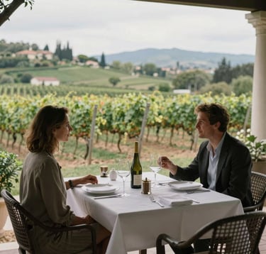 An elegant outdoor dining scene at a private villa overlooking a vineyard, soft natural lighting, capturing an exclusive yet responsible approach to global travel, North American / International context.