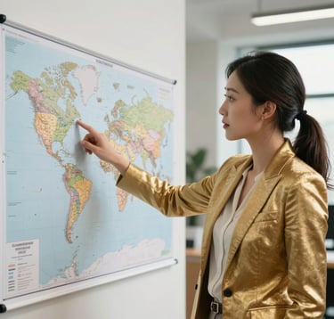 A professional and elegant travel advisor in a gold-toned blazer pointing at a detailed global map in a light-filled, modern office. The scene exudes trust and expertise within a North American international context.