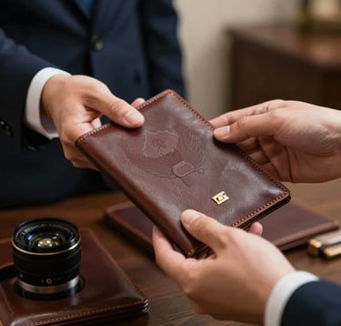 A close-up photograph of a professional travel concierge handing over a leather travel document holder, soft lighting, emphasizing trust and meticulously curated service, North American / International setting.