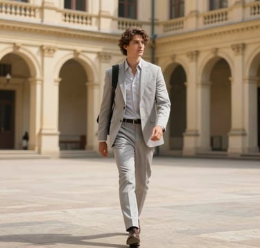 Photography of an elegant traveler in North American / International attire walking through a historic, sun-drenched courtyard with classical architecture. Sophisticated composition with muted gold and light grey tones.