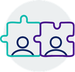 Icon of two connected jigsaw puzzle pieces featuring user profiles symbolizing team collaboration.
