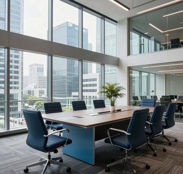 A wide-angle interior view of a contemporary glass-walled conference room in a Southeast Asian / Indonesian business district. The office furniture is sleek with Steel Blue and Pale Blue accents. The lighting is bright and professional, suggesting a space of high-level strategic planning.