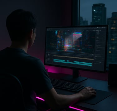 An over-the-shoulder perspective of a digital artist working on a high-end workstation in a dark Seoul studio. The screen shows a complex video editing interface with a glitchy urban landscape. A magenta light strip glows along the desk, contrasting with the matte black equipment. East Asian / Korean urban skyline visible through a window in the background.