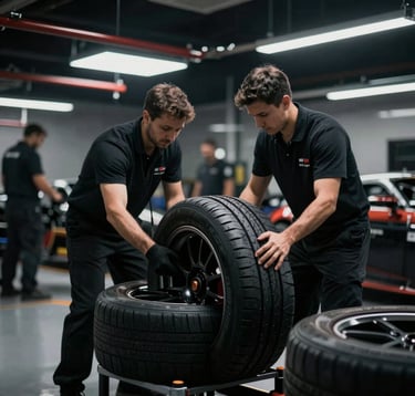 A focused, dark, and highly professional image of a motorsport pit crew practicing a precise tire change under dramatic garage lighting. Deep blacks (#0a0f0a) and sharp focus on the mechanics.