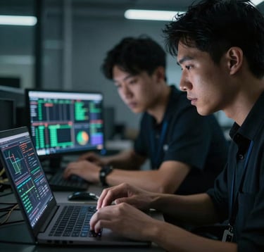 Close-up of engineers reviewing intricate telemetry data on a laptop screen in a dark, high-tech environment. The lighting emphasizes intense concentration and precision.