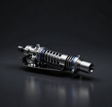 A sleek, dark studio shot of a high-performance race car's suspension components, highlighting the precision machining and metallic finishes. Minimal lighting, deep black background #0a0f0a, reflecting a mood of engineering perfection.