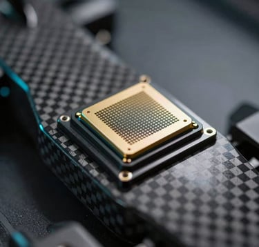 A macro photograph of a high-precision sensor mounted on a carbon fiber racing component. The lighting is dramatic and clinical, highlighting the texture of the weave and the metallic finish of the sensor. Brand colors #0a0f0a and #134421 are reflected in the surfaces.